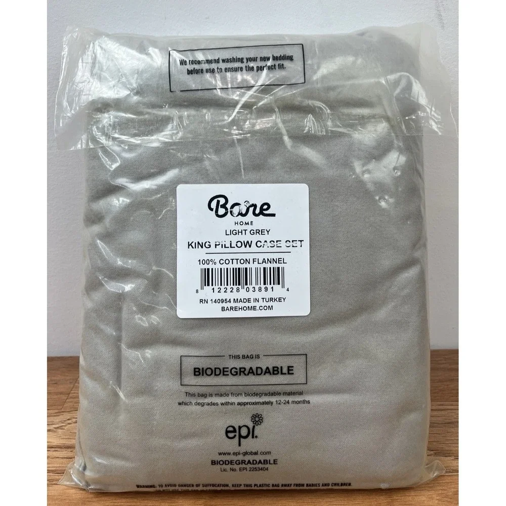 Bare‎ Home Set of 2 King Size Pillowcases in Light Grey, 100% Cotton Flannel NEW